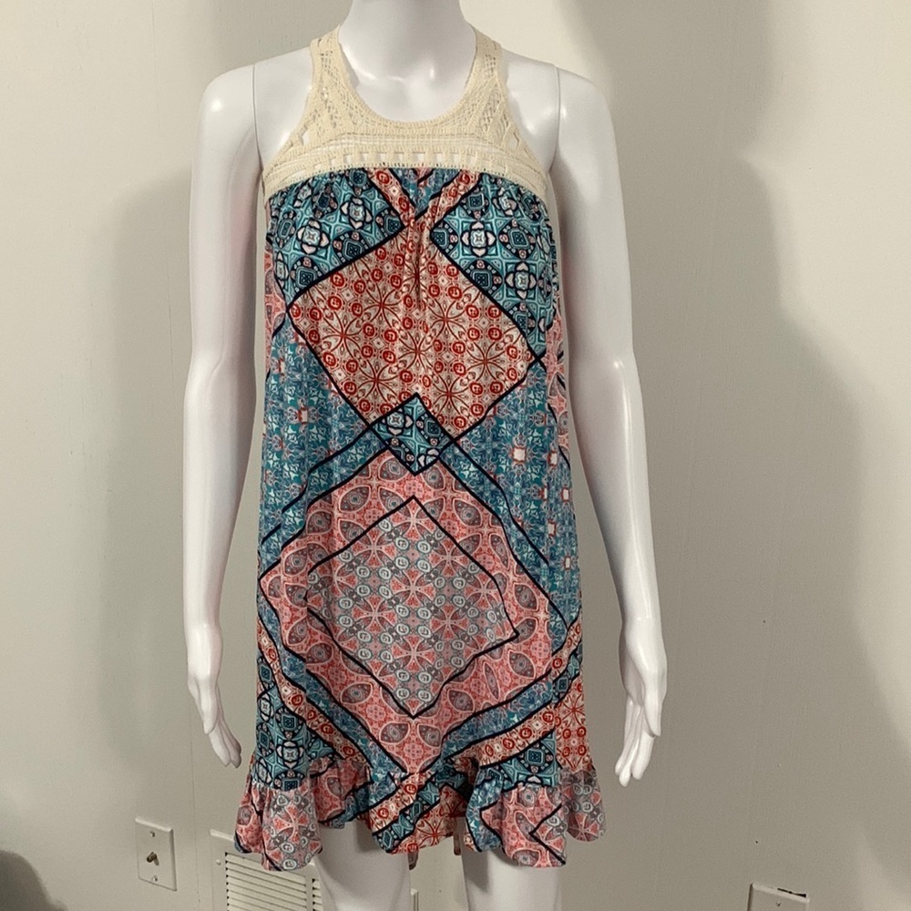 Jessica Simpson high low tank dress crocheted neck area ruffle bottom, Size *Med